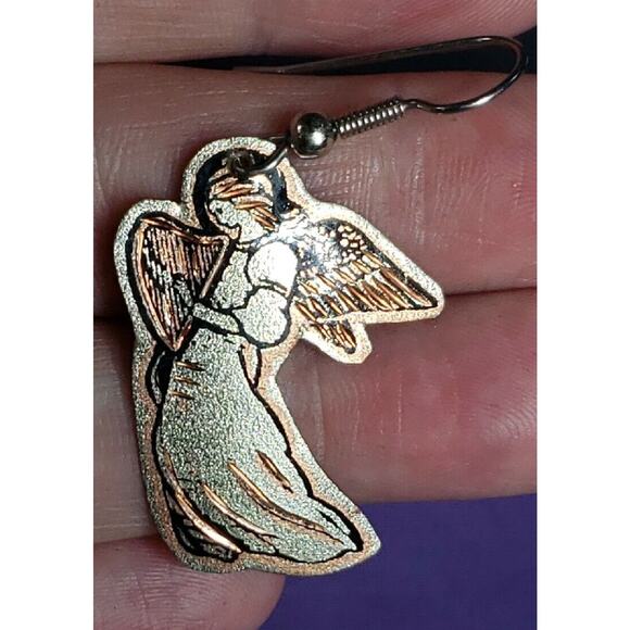 Copper And Silver Tone Angel Playing Harp Dangle Earrings, Lightweight Metal - Picture 9 of 10